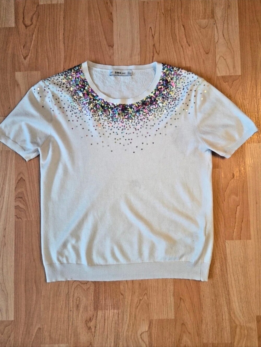 Zara Knit sequin neckline short sleeve sweater